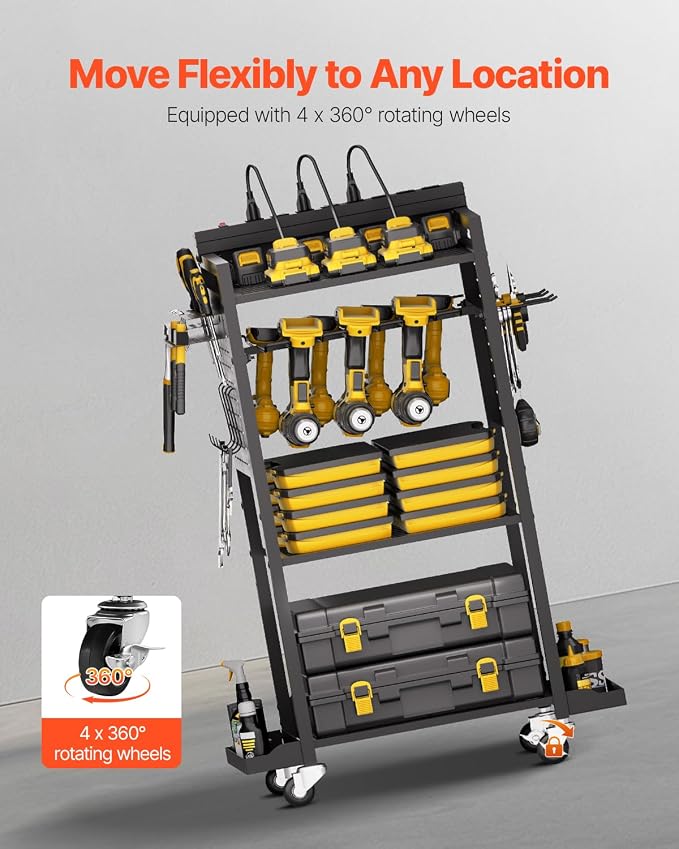 VEVOR 4-Tier Tool Organizer Cart with Charging Station, 8 AC Outlet, Floor Stand Rolling Drill Holder and Tool Battery Storage Rack on Wheels, Garage Floor Rolling Storage Cart for Workshop, Garage