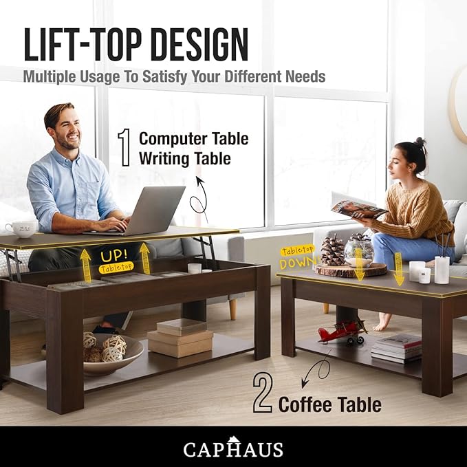 CAPHAUS Lift Top Coffee Table w/Storage and Hidden Compartment, Rising Tabletop for Living Room, Bottom Open Shelf, 41" Espresso