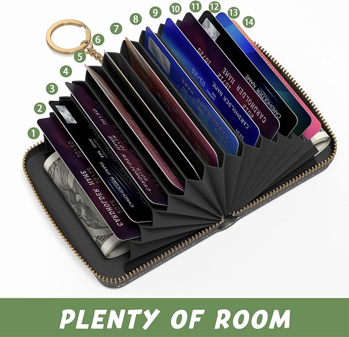 Aiawoxc Credit Card Holder for Women, Small RFID Wallet Slim Leather Business Card Organizer Case with Zipper and Keychain, Black