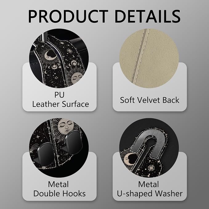 Blusabaca 2PCS Car Seat Headrest Hooks, Purses Bags Holder, Sun and Moon | PU Leather, Double Metal Back Storage Hangers for Grocery Bags Handbags Bottles Coats Phones, Car Accessories Organization