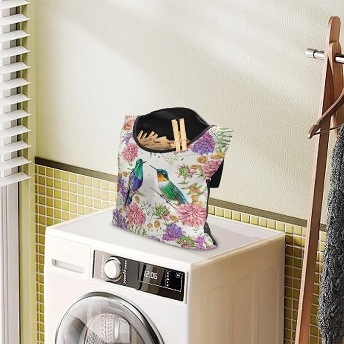 Hummingbird Clothespin Storage Hanger Bags Hydrangea Laundry Clothespin Bag, Clothespin Bag with a Large Opening, Hanging Storage Organizer with Hanging Rope for Home Outdoor