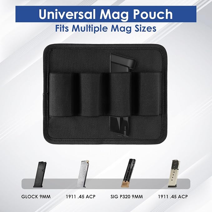4-Row Pistol Magazine Pouch with Strong Magnet, Two-Way Mount Mag Pouch | Elastic Gun Magazine Holster for Most Mag Size, Durable Oxford for Gun Safe Door Organizer, Daily Storage or Outside Carry
