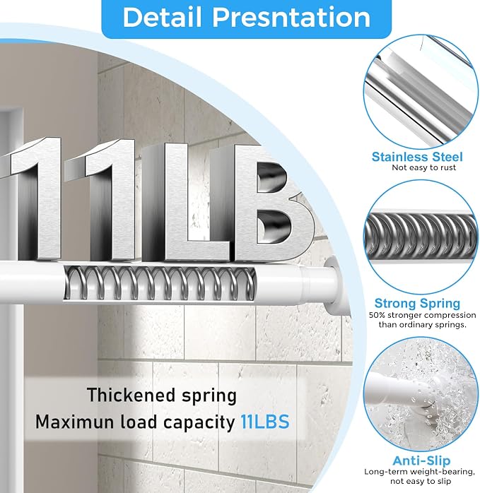Shower Curtain Rod 31-63 Inch,7/8"Diameter Adjustable Spring Tension Curtain Rods No Drill,Ivory White Shower Tension Rod for Bathroom,Room Divider,Window,Anti-Rust Non-Slip 1-Pack