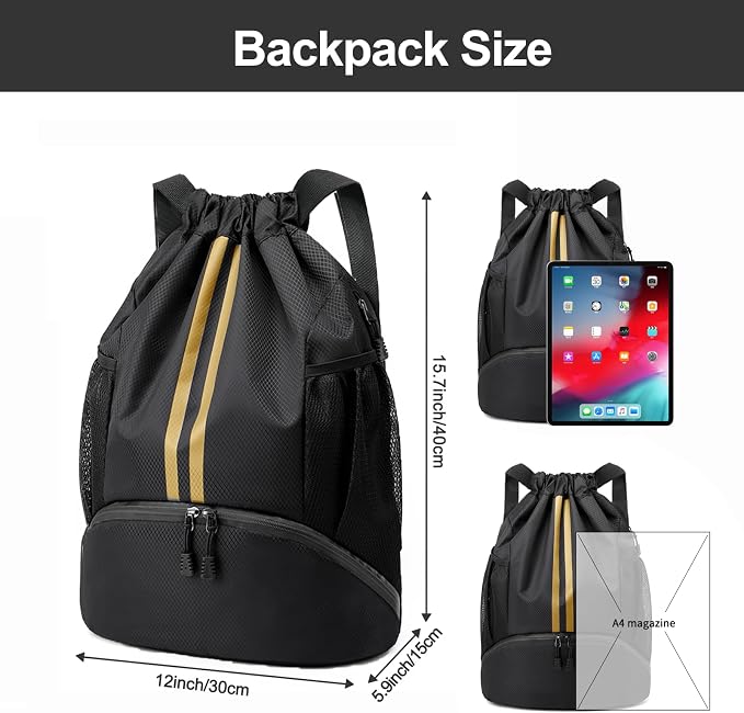 Hoedia Sports Drawstring Backpack - String Swim Gym Bag with Shoes Compartment and Wet Proof Pocket for Women&Men, Black Gold