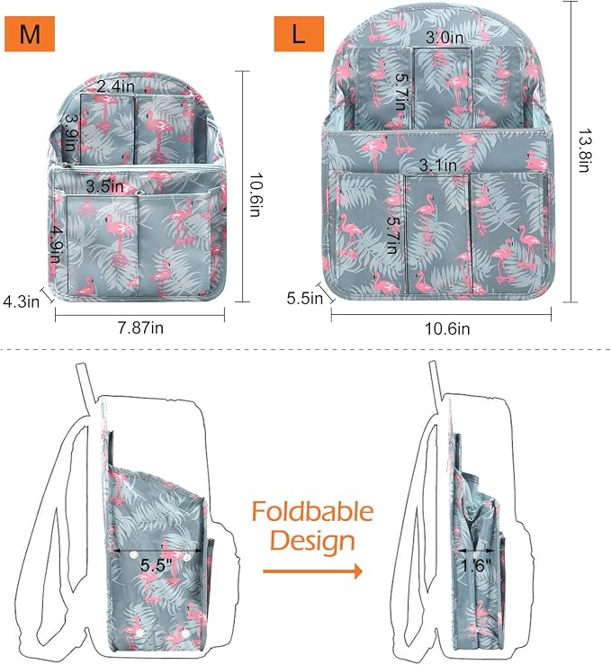 Surblue Backpack Organizer Insert Liner Hanging Travel Rucksack Purse and Handbag Insert Pocket, High-capacity Divider Foldable Nylon Shoulder Bag Organizer for Men and Women, (Flamingo, L)