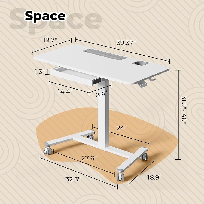 40"×20" Mobile Desk with Drawer, Rolling Desk with Storage | Height Adjustable Portable Laptop Desk on Wheels, Small Computer Desk with Cup Holder and Hooks for Study & Work, White