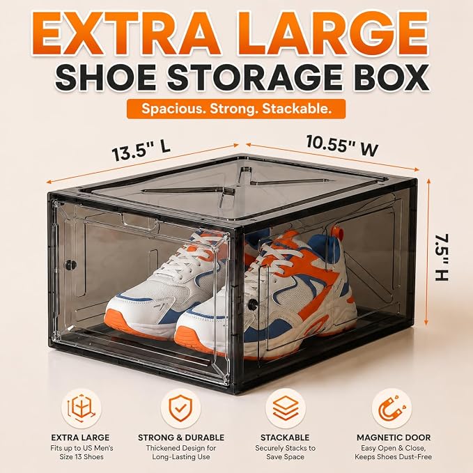 Translucent Black Shoe Storage Box, 2026 2nd Gen Thickened Hard Plastic Stackable Organizer with Magnetic Door, Folding Shoe Rack for Closet, Premium Sneaker Display Case, 1 Pack