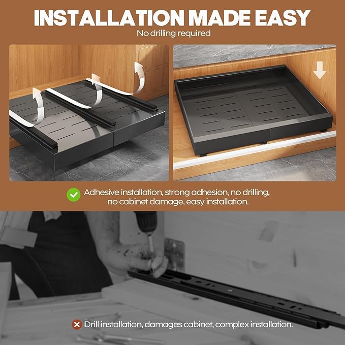 Seinloes 4 Pack Expandable (15.1"-26.3") Pull Out Cabinet Organizer 21" Deep With Raising Pad for Framed Cabinets,Upgrade 3 Slide Rails Slide Out Drawers,No Drill Roll Out Shelves Adhesive,Black