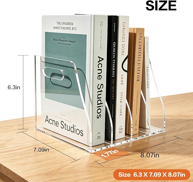 Acrylic Magazine File Holder with Carrying Handle, 4 Vertical Compartments Desk File Organizer, Clear File Sorter for Office, Magazines, Books, B5 Size