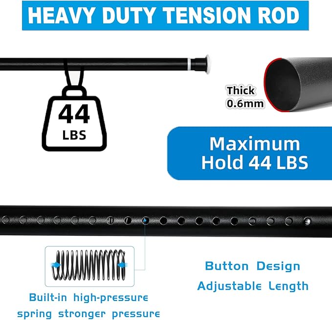 Large Long Tension Curtain Rod 43-83 in (3.6-7 ft) | 1.26" Diameter, Spring Adjustable Heavy Duty Curtains Pole for Windows Door Bathroom Patio Outdoor No Drilling, Black