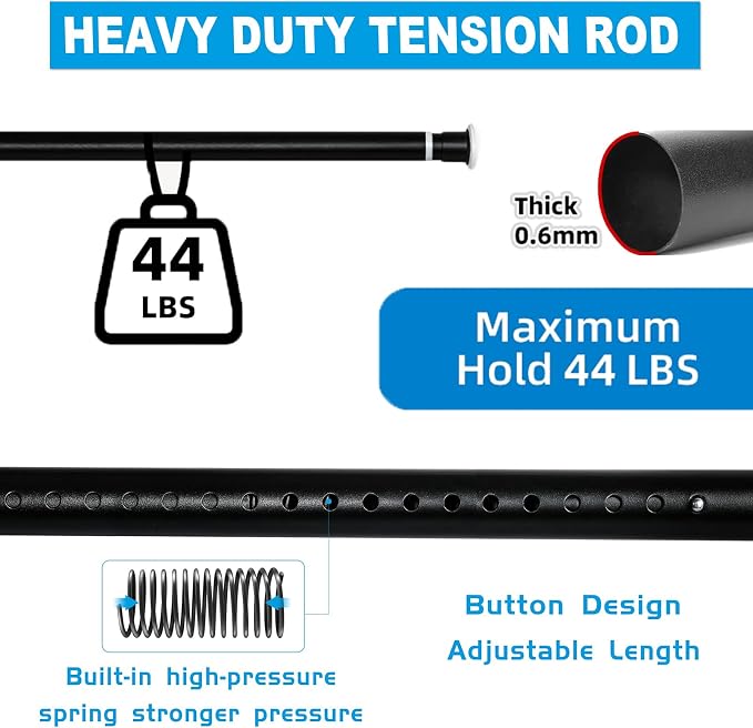 Large Long Tension Curtain Rod 43-122 in (3.6-10.2 ft) | 1.26" Diameter, Spring Adjustable Heavy Duty Curtains Pole for Windows Door Bathroom Patio Outdoor No Drilling, Black