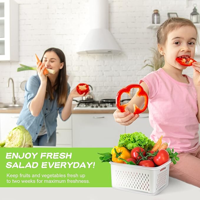 TBMax Fruit Storage Containers for Fridge Organizers and Storage, 4 Pack Large Produce Saver with Airtight Lid & Colander for Berry Lettuce Salad Vegetable Storage, Refrigerator Organizers