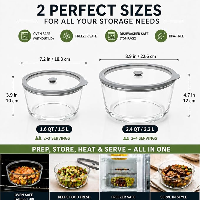 2 Pack Extra Large Glass Food Storage Containers with Lids, 90 oz & 52 oz | Airtight & Leakproof Glass Containers Microwave Freezer Dishwasher Safe Premium Borosilicate Glass for Meal Prep