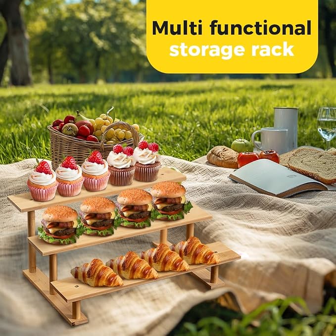 CROISSANT Bamboo and Wood 3 Tier Cupcake Stand, Food Display Risers for Party , Statues and Lego Displays, Cologne Stand, Perfume Display Stand（3 Tier，4Pack）