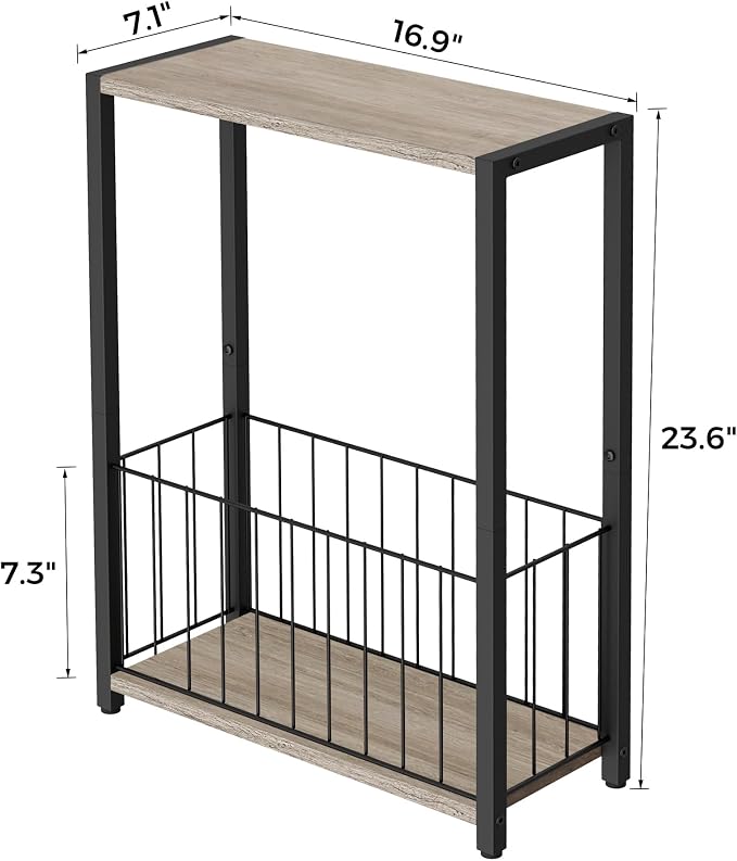Homleke Narrow Side Table with Magazine Holder, Skinny End Table | Space-Saving Design, Small Spaces, Storage Shelf, Metal Frame, Easy Assembly, 7.1" D x 16.9" W x 23.6" H, Greige