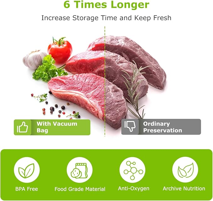 Bonsenkitchen 3 Rolls 11" x 16' + 3 Rolls 8" x 16' Vacuum Sealer Bags for Food with a Color Box, Easy to Store, Commercial Grade, BPA Free, Great for Food Storage or Sous Vide, VB22