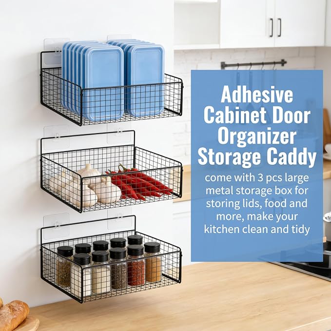 3 Pack Self Adhesive Cabinet Door Organizer - Metal Inside Cabinet Lid Storage Holder Wall Mounted Pantry Door Caddy for Kitchen Bathroom Pantry Under Sink