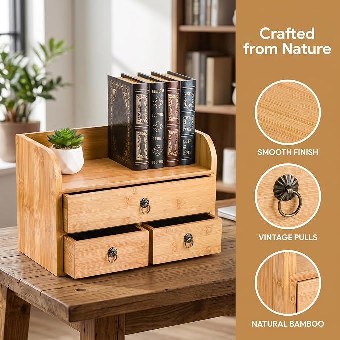 Nicunom Bamboo Desk Organizer, 3-Tier Bamboo Tabletop Storage Organization Multifunctional Desktop Organizer with Drawers for Home Office Toiletries Supplies Vanity