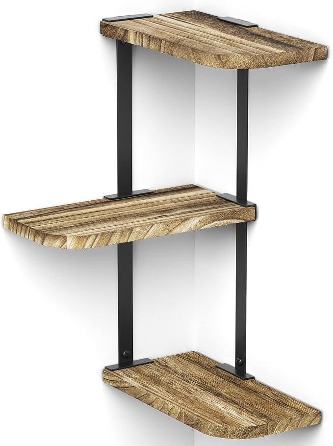 Love-KANKEI Corner Wall Shelf,3-Tier,Solid Wood,17" Tall,Carbonized Black | Easy to Install,26 lb Capacity,Floating Shelves & Brackets,For Bedroom,Living Room,Bathroom.Kitchen,Office Display,Wall Decor