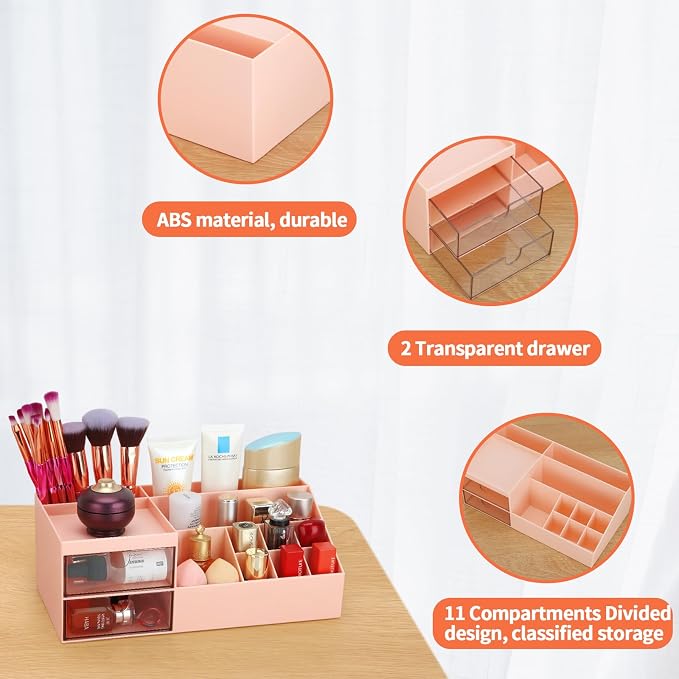 LETURE Desk Organizer, Cosmetic Makeup Vanity Organizer Box, Bathroom Counter Makeup Storage for Eyeshadows, Skin Care, Concealers, Powders, Nail Polish (Pink Color)