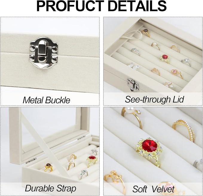 Fordonral Velvet Jewelry Organizer Box, Jewelry Drawer Organizers Trays, Earring Ring Necklace Holder Display Case (Beige, Ring Box)