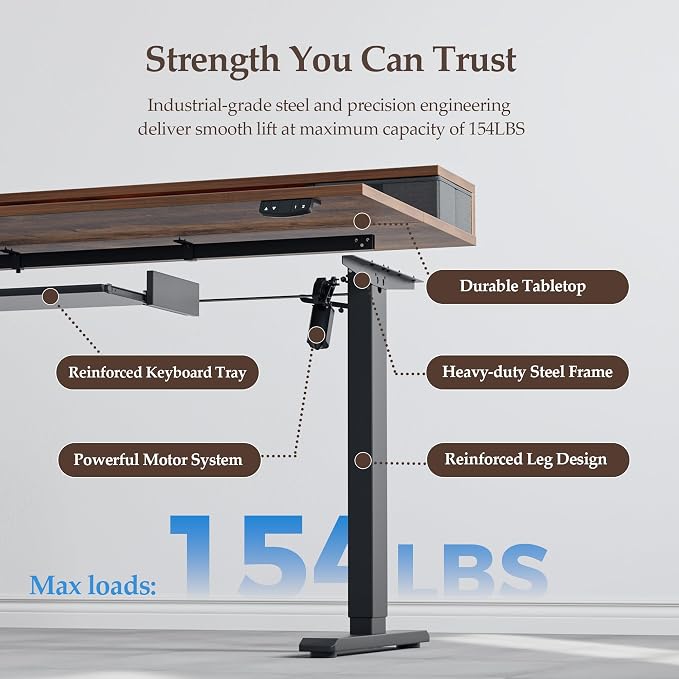Klicelor 55 x 24 Inch Electric Standing Desk with Drawers and Keyboardtray, Adjustable Height Small Sit Stand Desk for Home Office, Compact Computer Workstation with Storage- Rustic Brown