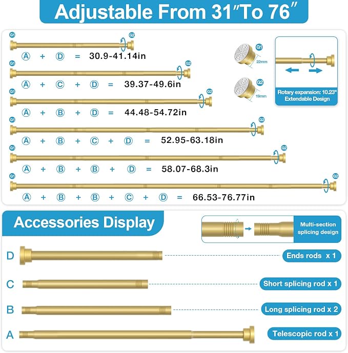 2Pack Gold Tension Curtain Rod 31 to 75 Inch Spring Tension Rods for Windows Adjustable Curtain Rod No Drilling Expandable Pressure Curtain Rod Shower Rods for Closets,Bathroom,Kitchen,Doorway