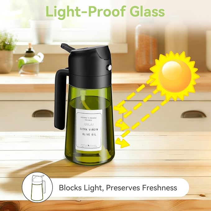 USLAI Oil Sprayer for Cooking, 16oz/470ml 2 in 1 Glass Olive Oil Dispenser Bottle for Kitchen, Air Fryer, BBQ and Salad - Black White