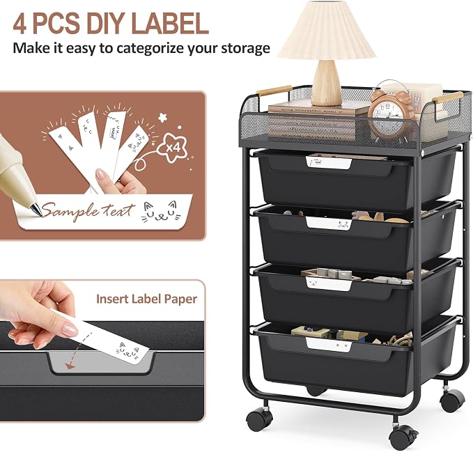 SYKIARIOL 4-Drawer Rolling Storage Cart with Mesh Top, Utility Craft Organizer Cart on Wheels with DIY Labels, Rolling Drawer Cart for Home Office Classroom Bedroom, Black