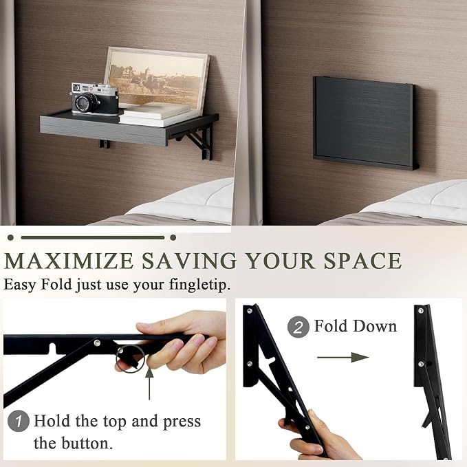 TEAMIX Wall Mounted Folding Bedside Shelf, Black Wood Floating Nightstand Table with Heavy-Duty Brackets, 16.5''x12'' Space Saving Bed Side Tray Storage for Bedroom, Living Room, Dorm (Black, Basic)