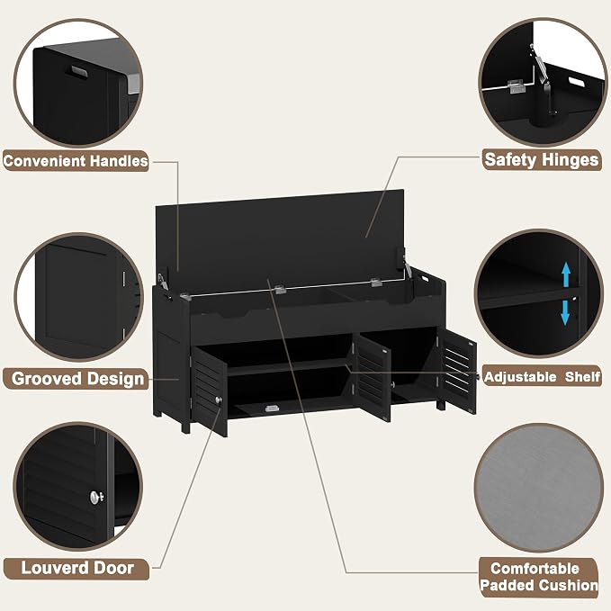 ChooChoo Shoe Storage Bench with Lift Top Storage & Cushioned Seats | 41.3" Entryway Bench with 3 Compartments & Adjustable Shelf, for Entryway, Black