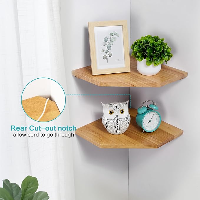 Corner Wall Shelves, Corner Floating Shelves Set of 2 Solid Oak Wood Display Shelf with Wire Hole Small Plant for Kitchen Living Room Natural