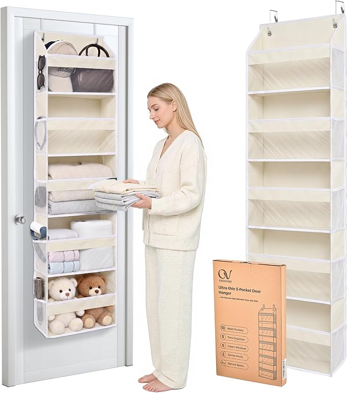 5 Tiers Ultra-Thin Over Door Organizer with 10 Mesh Side Pockets, 44 lbs Weight Capacity Hanging Storage Organizer with Clear Window Kids Toys, Shoes, Diapers, Beige