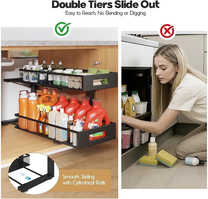 2 Packs 21IN Depth Under Sink Organizer, 2-Tier Pull Out Cabinet Organizer With Smooth Circular Rail, Large Capacity Metal Mesh Sliding Drawers For Bathroom& Kitchen Storage,Height Adjustable-Black