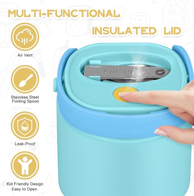 20oz Soup Thermo for Hot Food with a Snack Box Container，Leak Proof Insulated Lunch Container Kids and Adults，Stainless Steel Double Wall Vacuum Wide-mouth Food Jar with Spoon and Handle（Sky Blue）