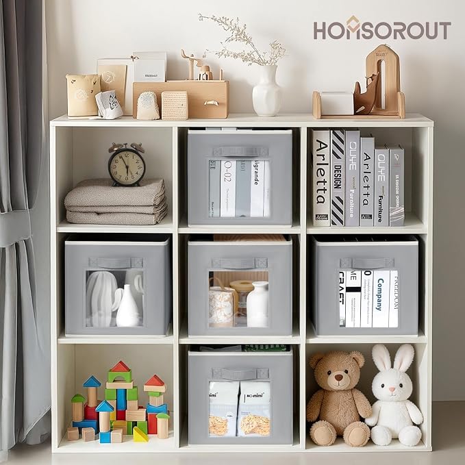 Homsorout Storage Cube 11 Inch - Cube Storage Bins with Window, Closet Storage Baskets with Handle, Fabric Bins for Closet, Shelves, Toys, Clothes, Set of 14, Grey