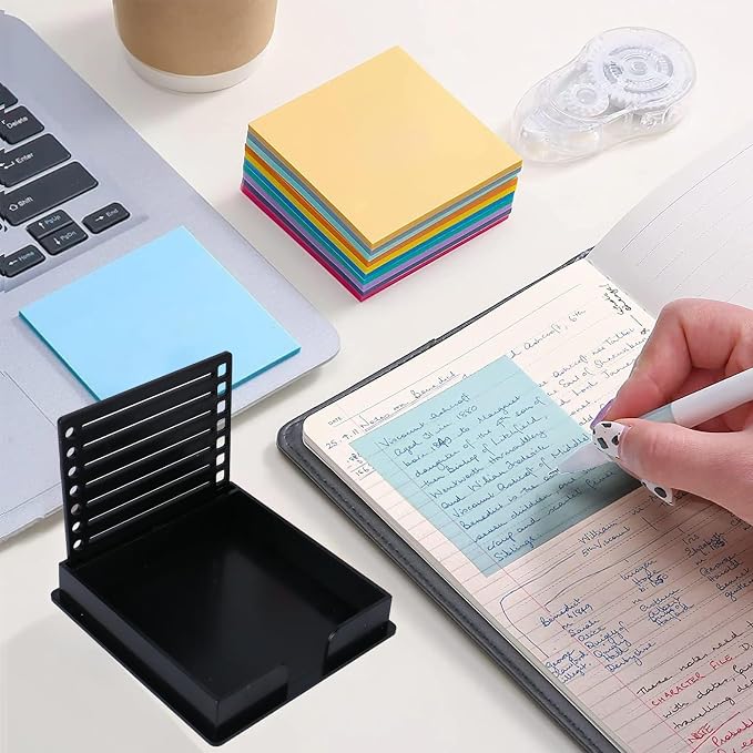 2 PCS 3x3 Sticky Note Holder, Anti-Curl Sticky Pad Dispenser with Drawing Stencil Template, Compatible with Post it Notes, Reusable Memo Organizer for Office Home School