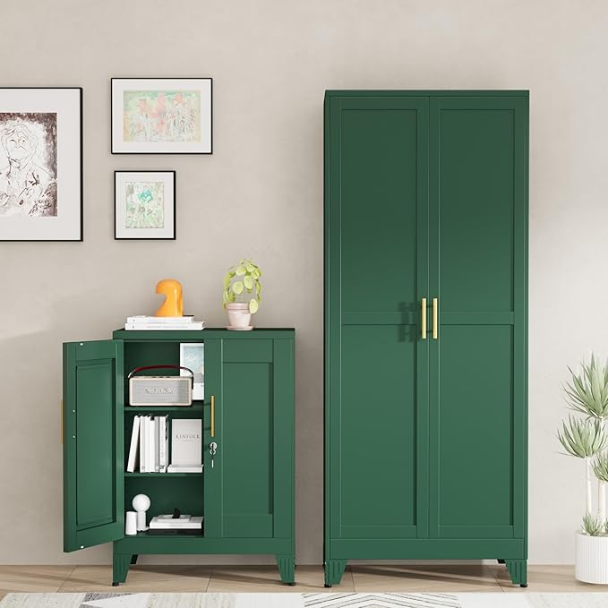 Green Metal Storage Cabinet, 36" Tall Locking Storage Cabinet with 2 Adjustable Shelves, Steel Locker Organizer, for Office, Home, School, 11.81" D x 23.62" W x 35.83" H, 2PS