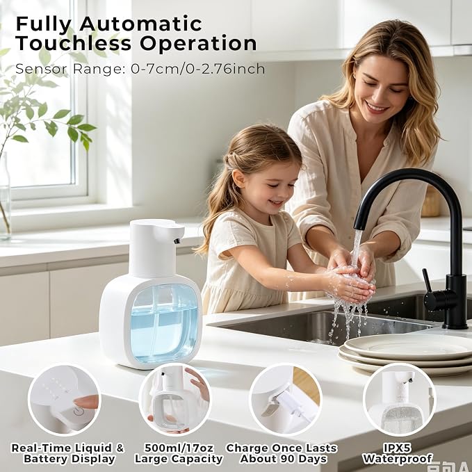 Automatic Liquid Soap Dispenser, 17oz/500ml Touchless Rechargeable with 4-Level Adjustable & IPX5 Waterproof - Level Display for Wall/Tabletop Use in Bathroom, Kitchen, White