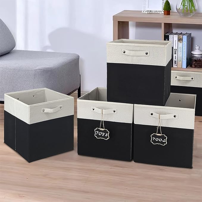 13x13x13 Inch Large Foldable Fabric Linen Cube Storage Bins【4-pack】, with Cotton Handles Closet Bins for Cabinet Shelves Home Organization and Storage bins(White&black)