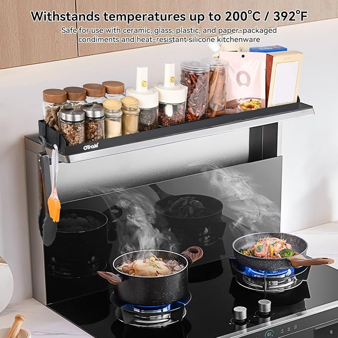OTraki Magnetic Stove Top Shelf Spice Rack for Stove Adjustable 16-32 inch Stainless Steel Over the Stove Shelf Magnetic Rack Seasoning Organizer with 4 Hook Black | Stainless Steel Over the Stove Shelf Magnetic Rack Seasoning Organizer with 4 Hook Black