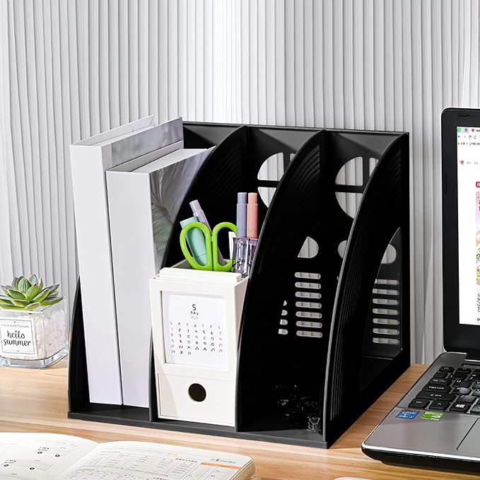 Marte Vanci Magazine File Holder, Binder Holder Book Desktop Organizer Plastic Storage Sturdy Vertical 3 Section Folder Black