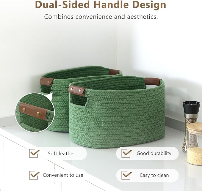 ECDYQXVU 15x10x9 Woven Cotton Rope Storage Basket, Leather Handles 1 Pack | Foldable Design, Sturdy PU Handles, Easy to Clean Organizer for Living Room, Closet, Shelves, Bedroom, Laundry, Clothes