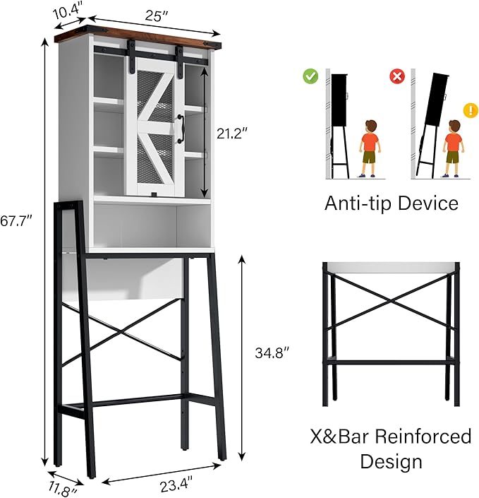 kepptory Over The Toilet Storage Cabinet, Above Toilet Storage Cabinet with Adjustable Shelves and Barn Door, Farmhouse Behind Toilet Bathroom Organizer for Bathroom, Laundry Room, Off-White
