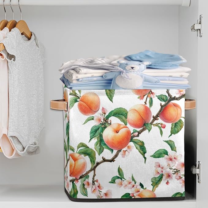 TropicalLife Peach Fruit Flower Storage Cube, 13 Inch Fabric Cube Storage Organizer Bin for Shelves Clothes, Decorative Foldable Storage Boxes
