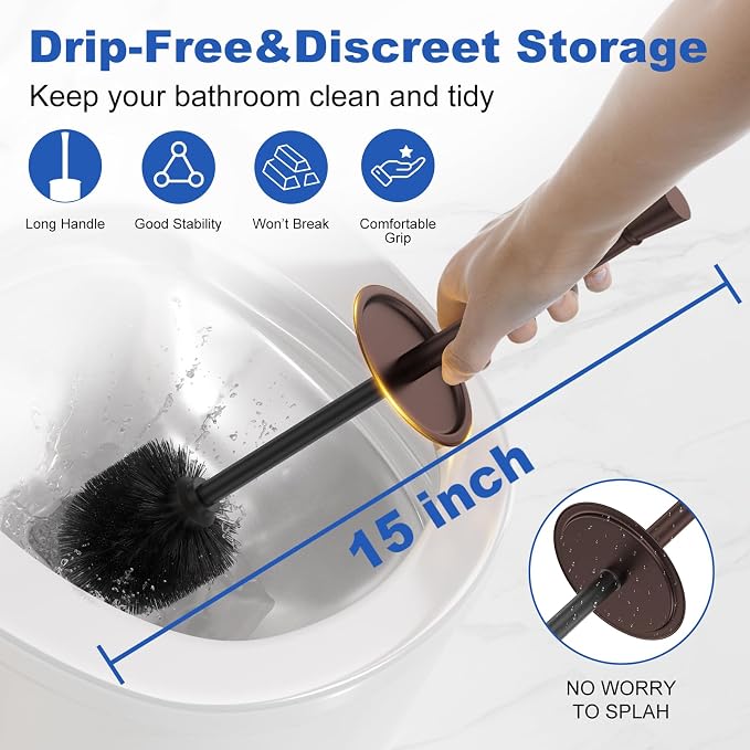 Toilet Brush and Holder Set：304 Stainless Steel Heavy Duty Toilet Bowl Brush，Removable Inner Bowl and Splash Protection，Bathroom Toilet Brush-Dense Bristles for Through Cleaning