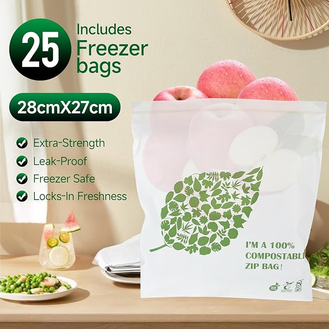 Compostable Gallon Size Food Storage Bags Freezer and Leak Proof, (25 Eco Zip) Seal well for Fruit,Food and Vegetable Plant-Based BPA-free (25)