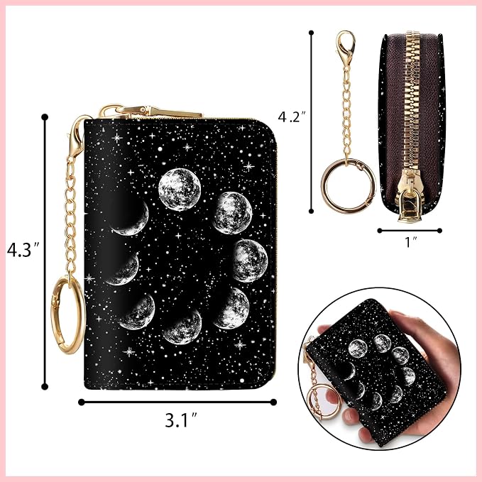 Blusabaca RFID Credit Card Holder Small Women Travel Wallet, Night Moon | Removable Keychain, Case with Zipper, Vegan PU Leather, Cash Coin Pocket, Business Accordion Purse, Ladies Female Gift