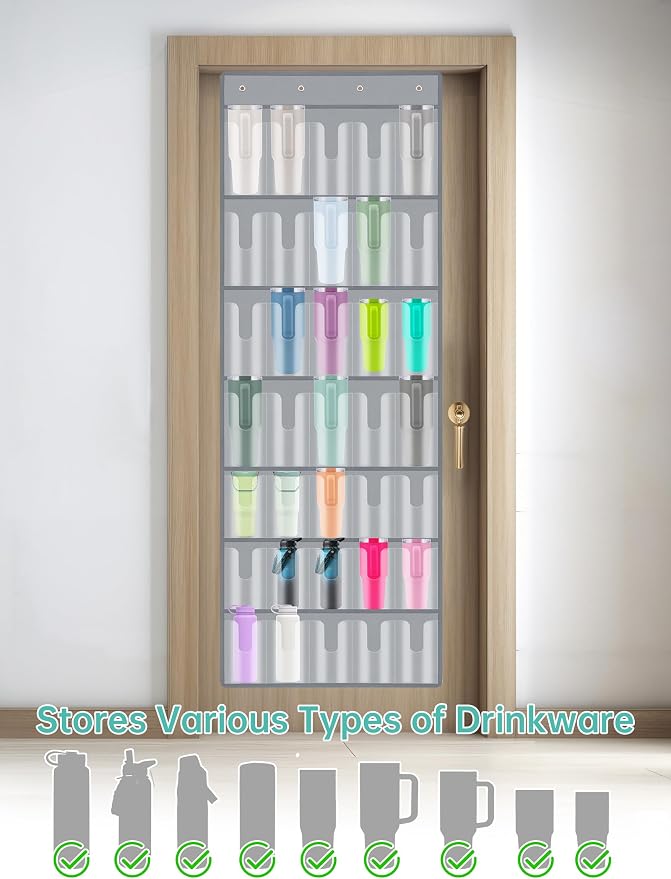 NiHome 35-Pocket Door Hanging Cup Organizer Fit for Stanley Tumbler 30 40oz | Large Capacity Over the Door Water Bottle Storage with Nano Tape, Waterproof Oxford Fabric, U-Shaped Handle Slots (Gray)