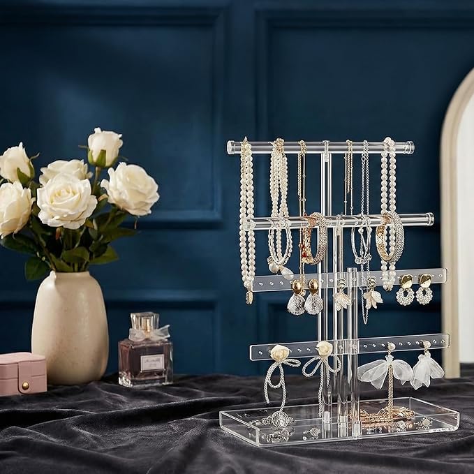 4-Tier Acrylic Jewelry Organizer Stand with Tray, 14.5" Tall Tangle-Free Clear Jewelry Display Holder for Hanging Large Necklace Bracelets Earring, Tower Tray Storage for Rings Watch Perfum